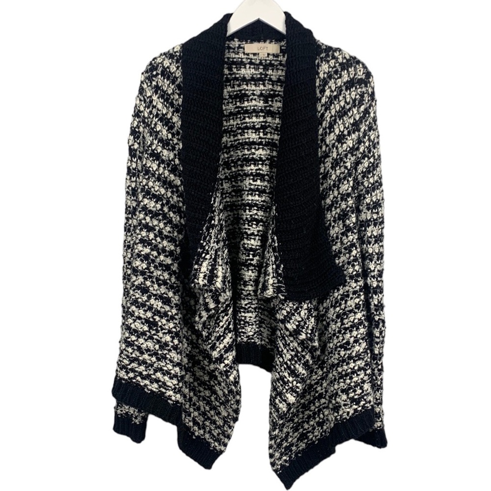 LOFT Black White Drape Front Slouchy Oversized Chinky Cardigan Size Small